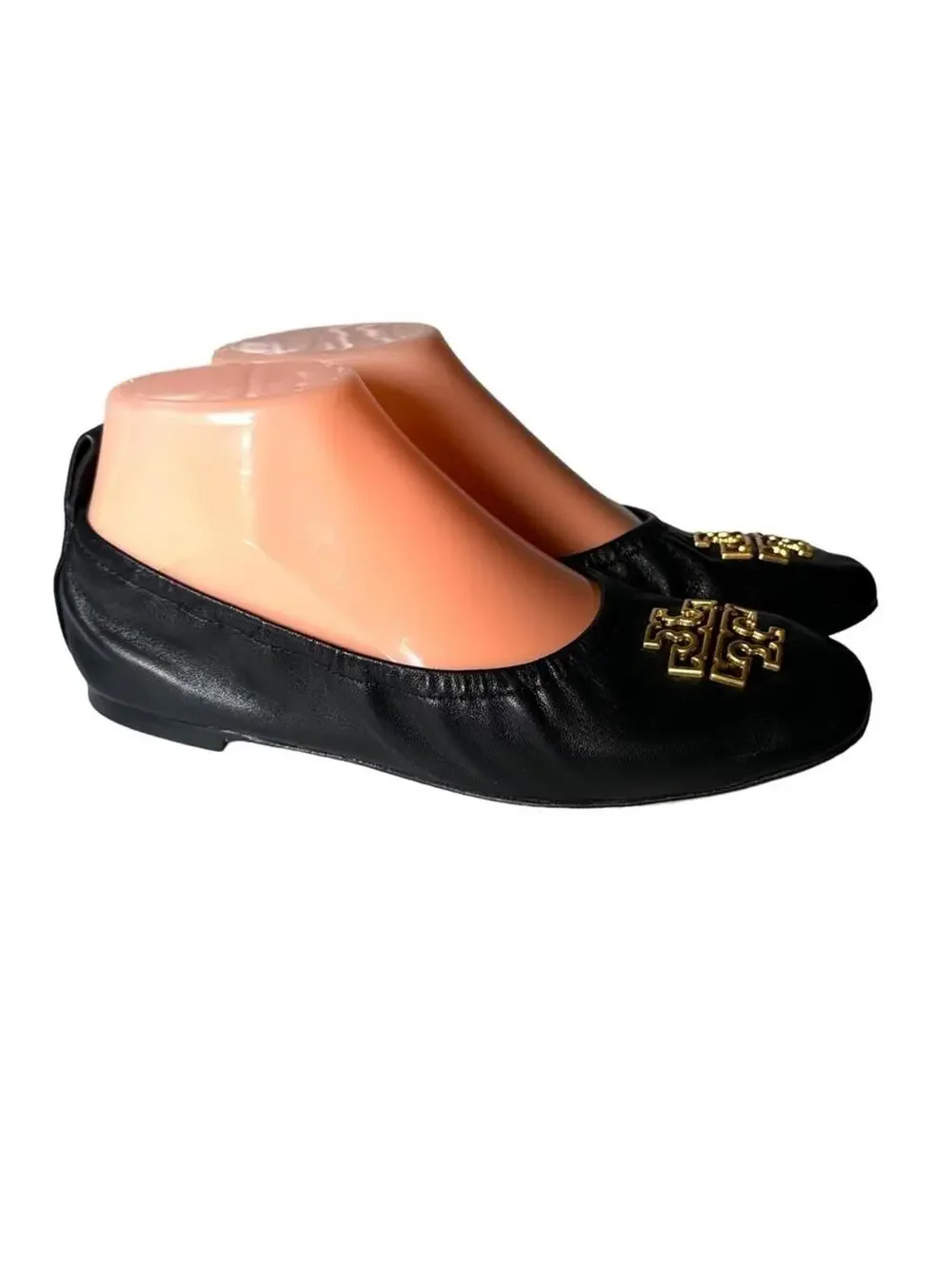 Tory Burch Britten Leather Ballet Flats Black Gold Logo 5.5M